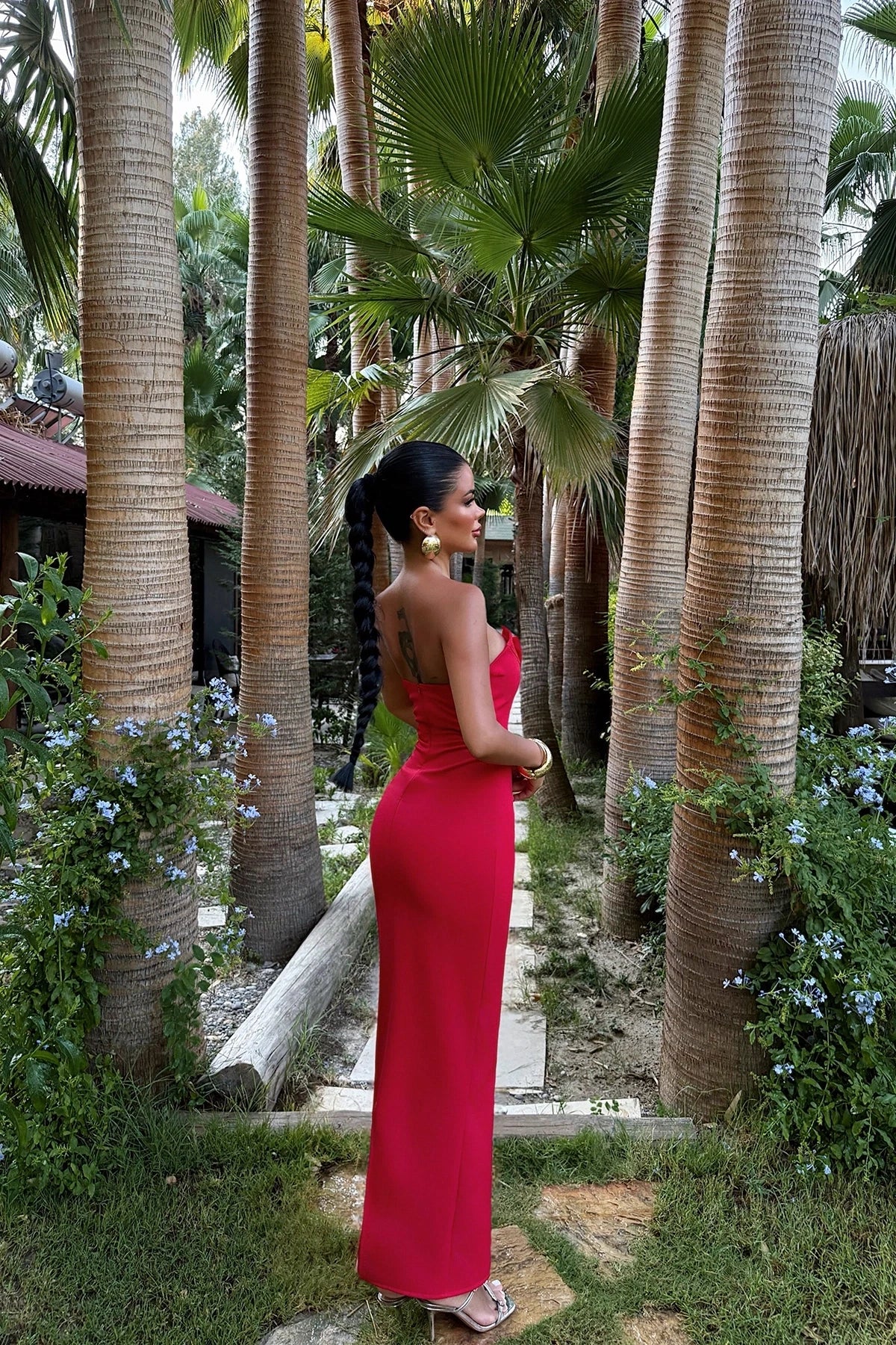 Red Bow Detail Strapless Dress