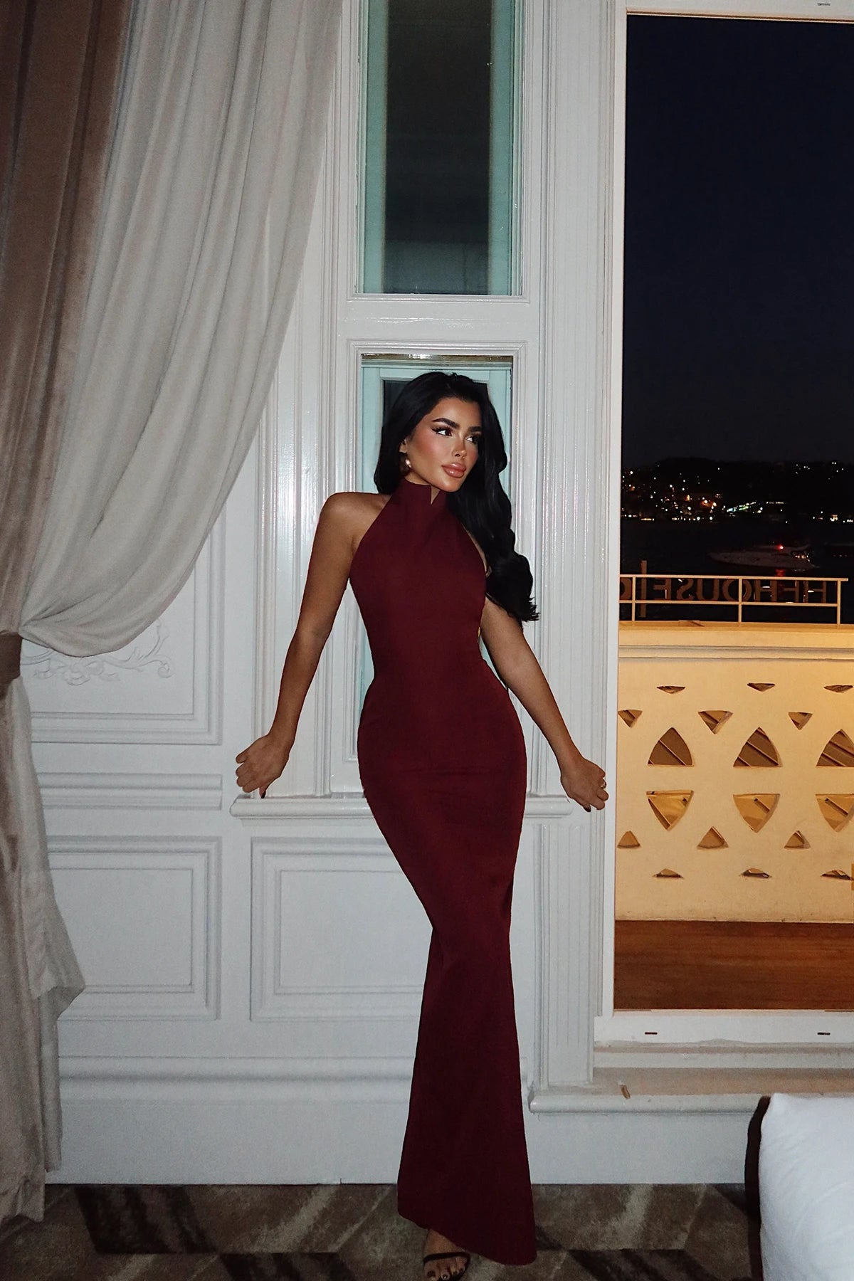 Doria Long Dress in Cherry Maroon