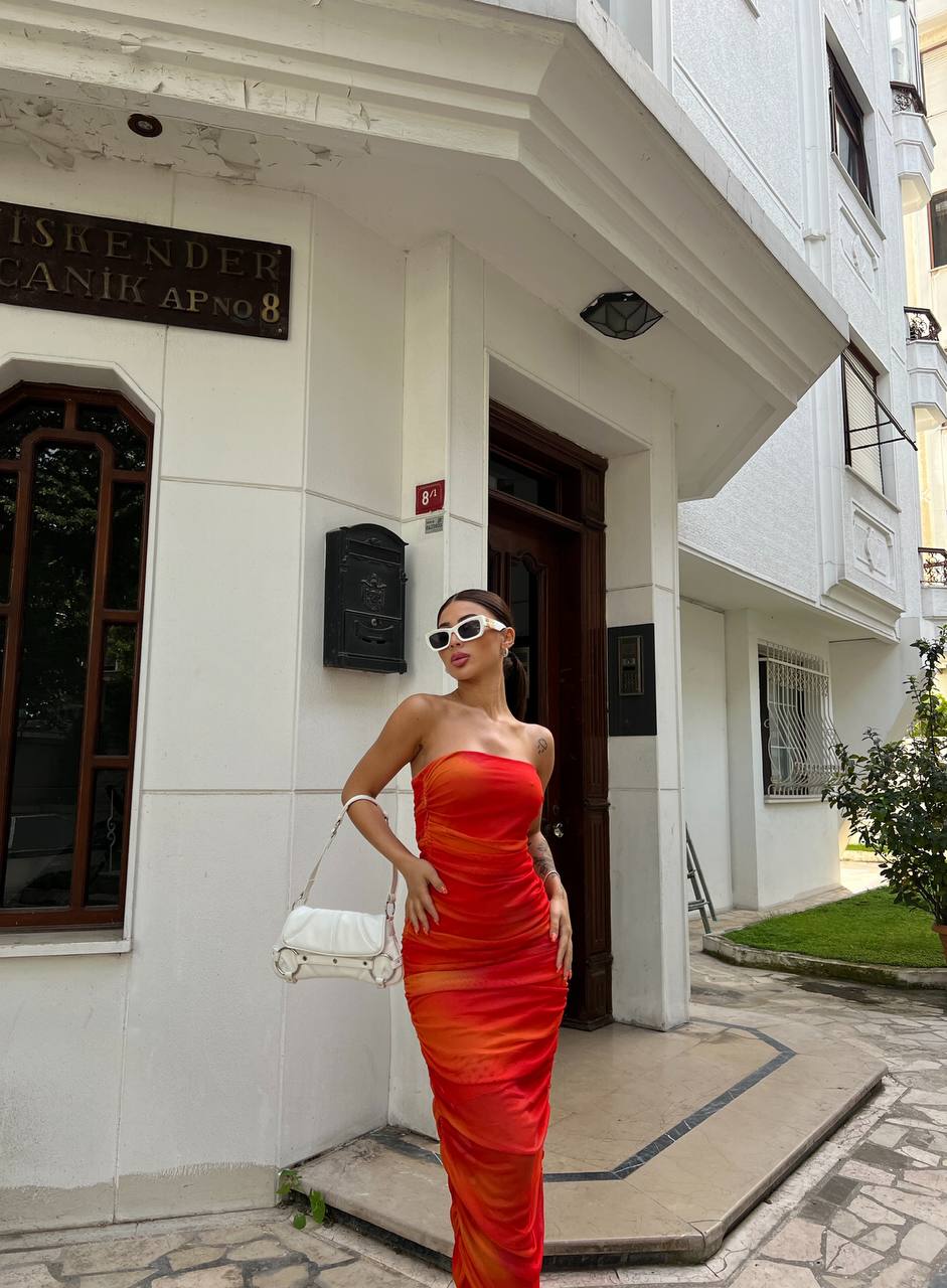 Imported Digital Printed Tulle & Lined Gathered Strapless Long Dress