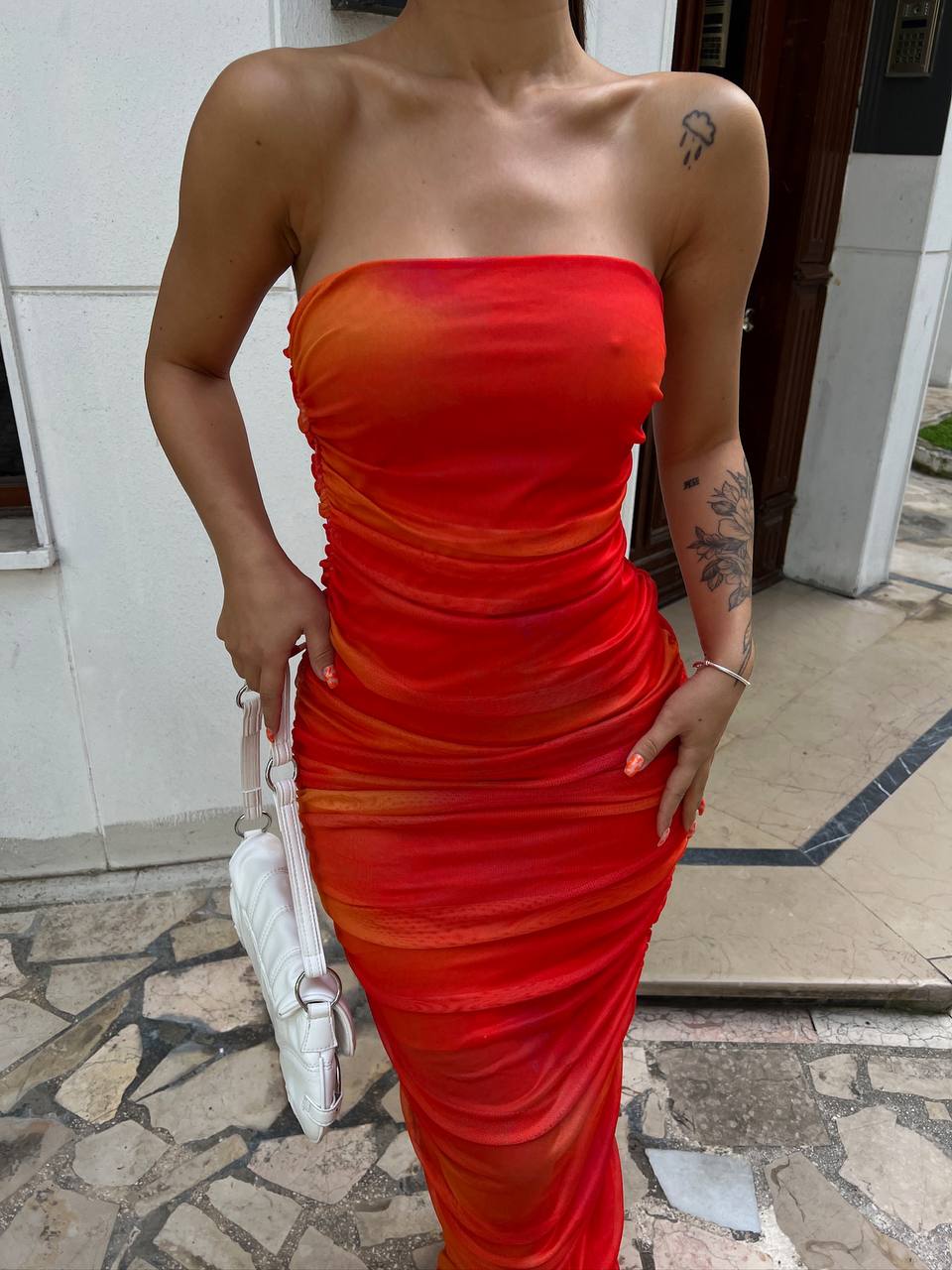 Imported Digital Printed Tulle & Lined Gathered Strapless Long Dress