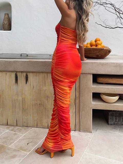 Imported Digital Printed Tulle & Lined Gathered Strapless Long Dress