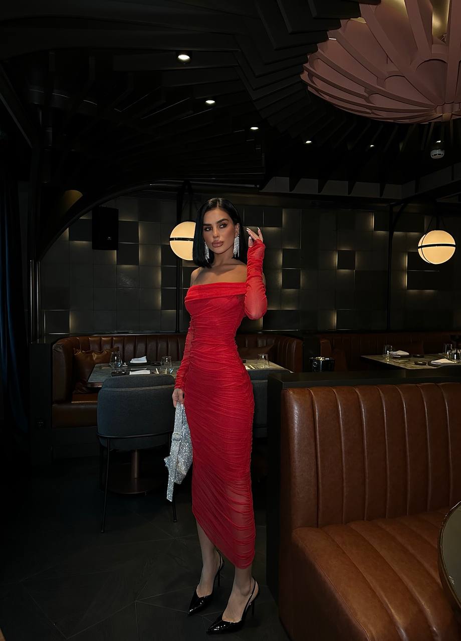 Red Lycra Tulle Lined Midi Length Strapless Dress