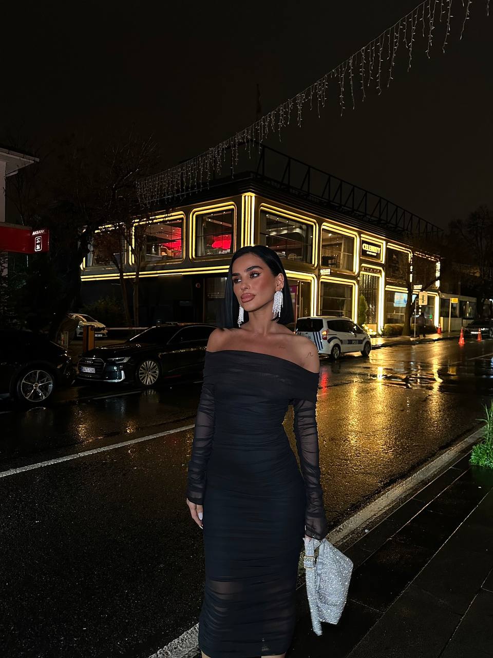 Black Lycra Tulle Lined Midi Length Strapless Dress