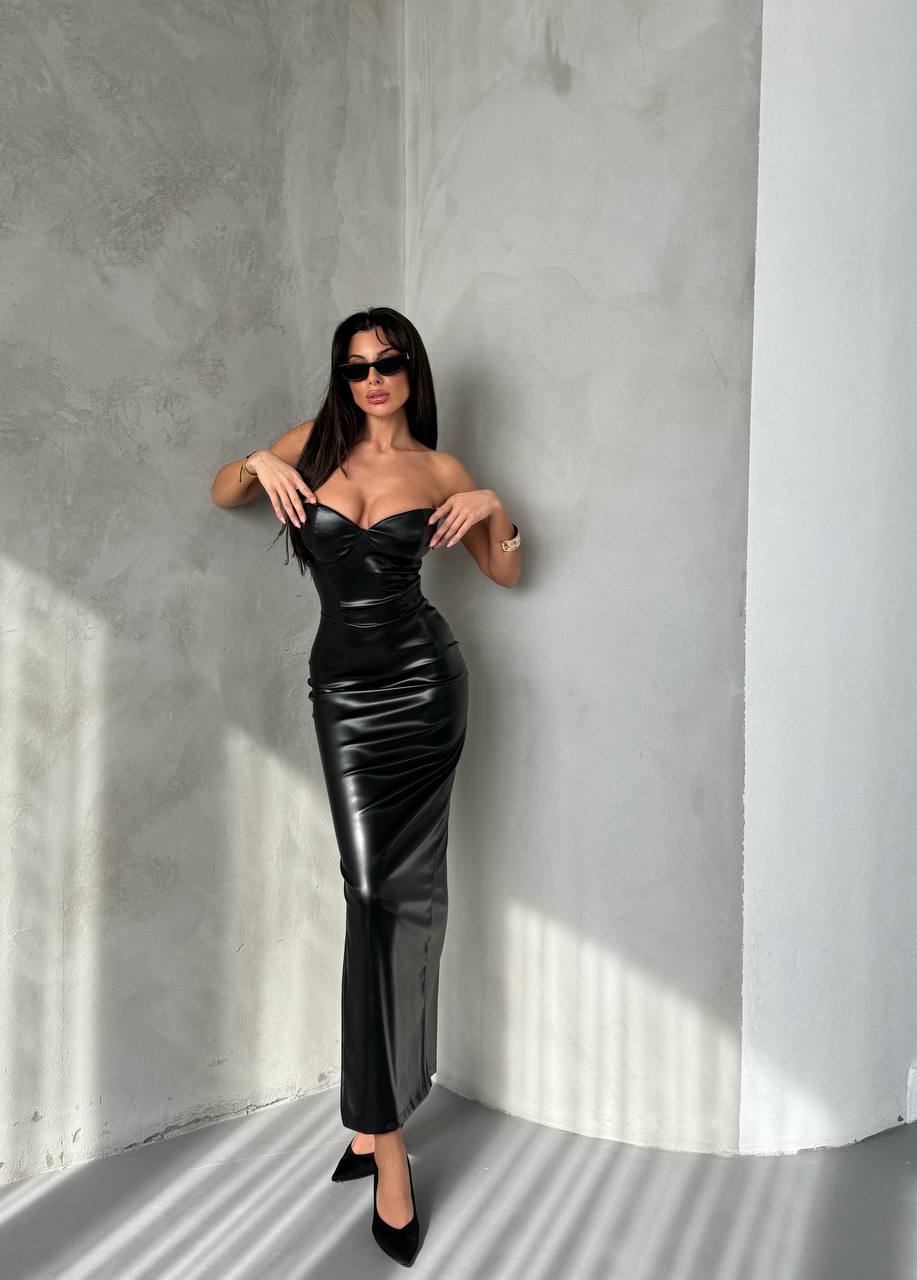 Black Strapless midi leather dress