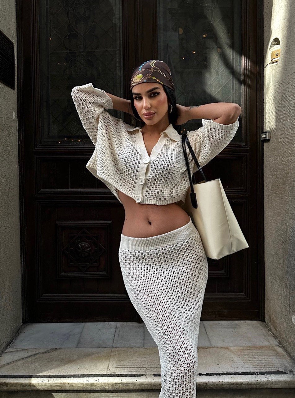 White Knitwear Fabric Skirted Set for Summer Season