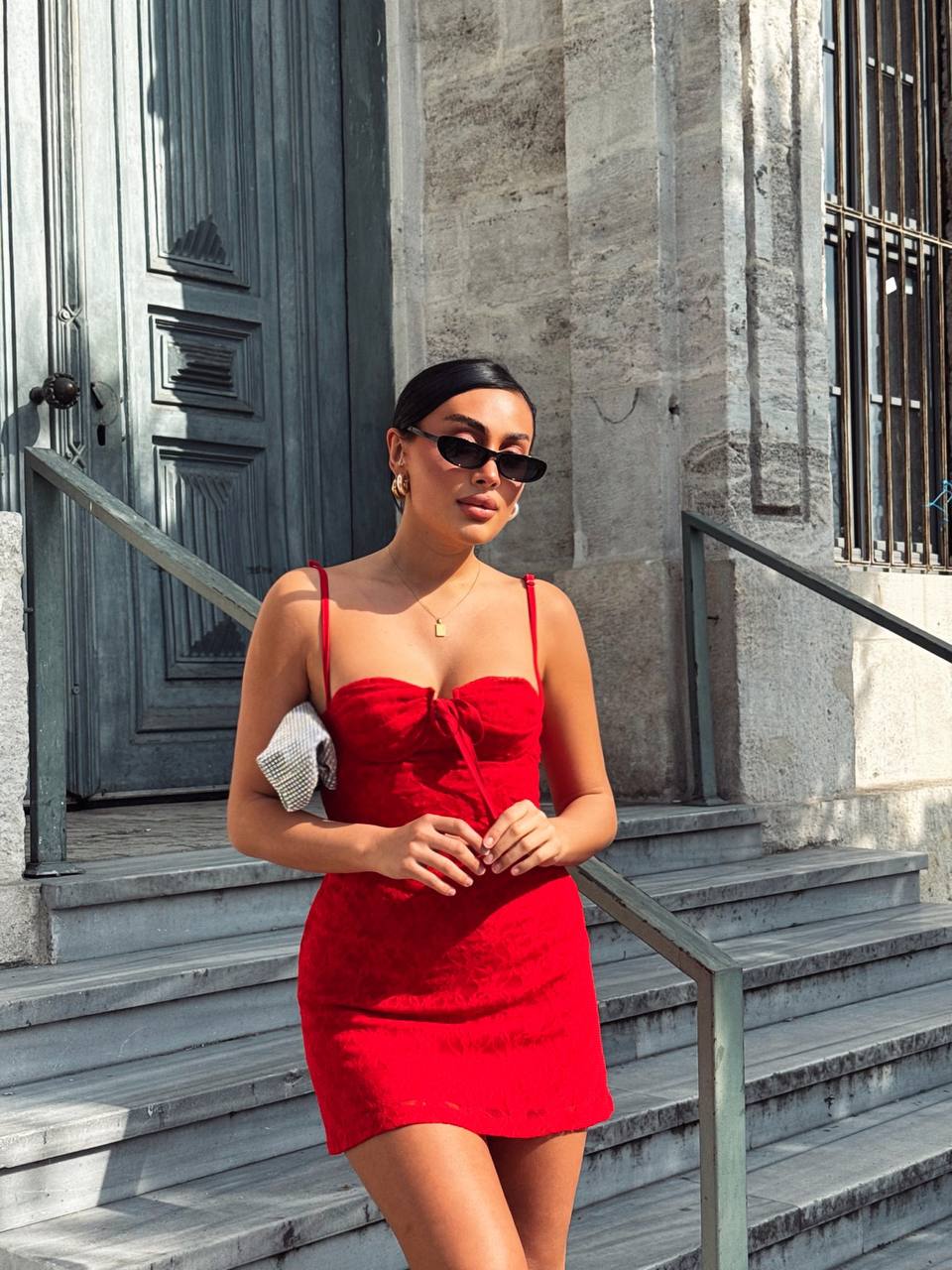 Red Shoulder Strap Mesh Fabric Lycra Mini Dress