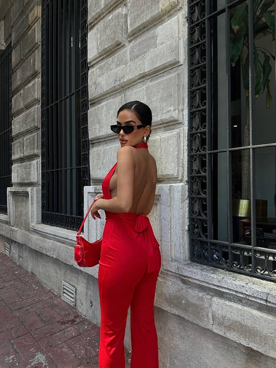 Red Halter Neck High Waist Compression Jumpsuit