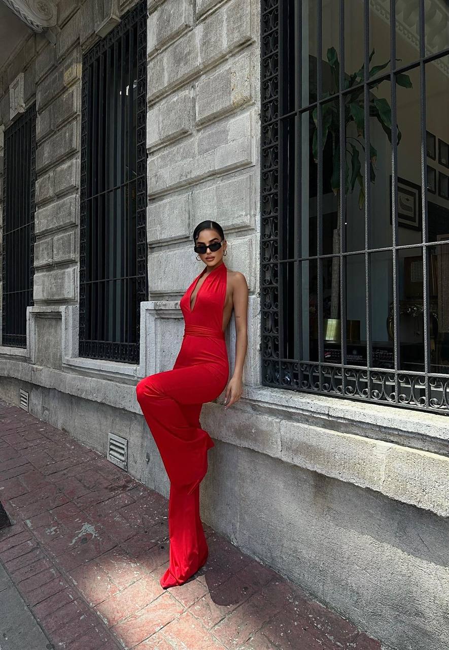 Red Halter Neck High Waist Compression Jumpsuit