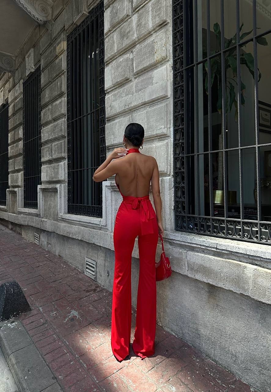 Red Halter Neck High Waist Compression Jumpsuit