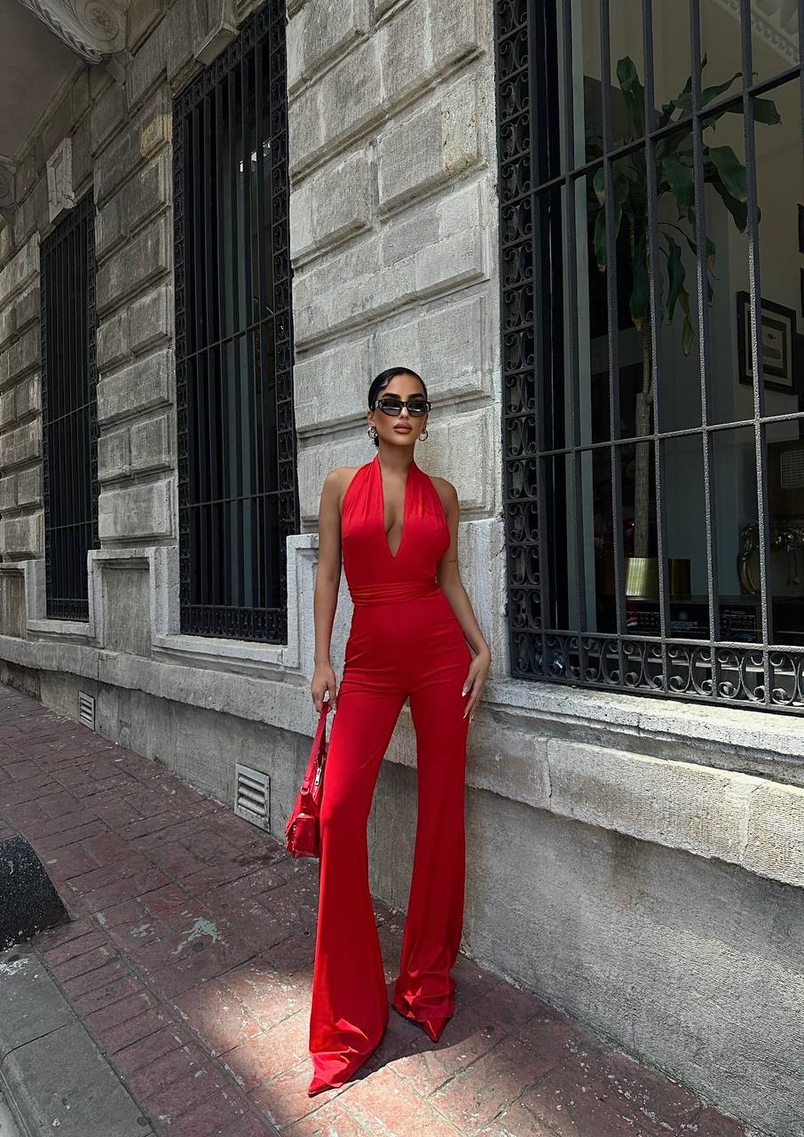 Red Halter Neck High Waist Compression Jumpsuit