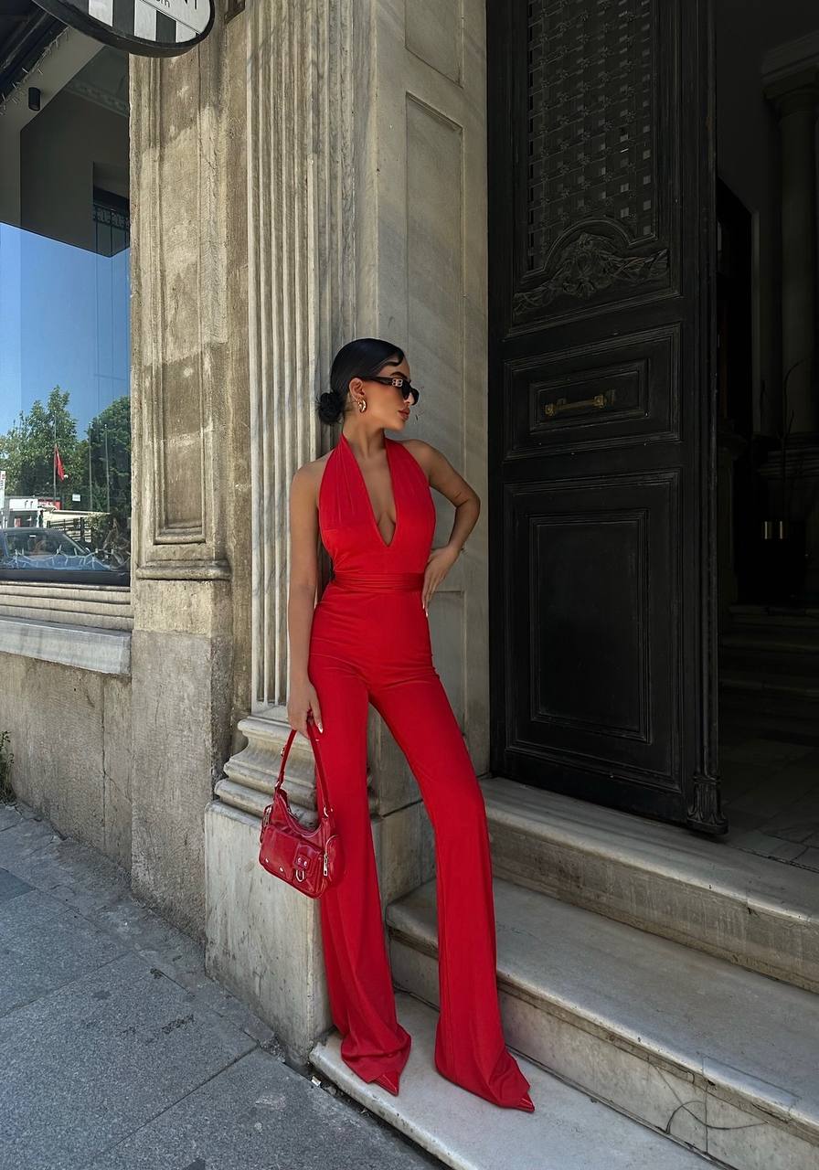 Red Halter Neck High Waist Compression Jumpsuit