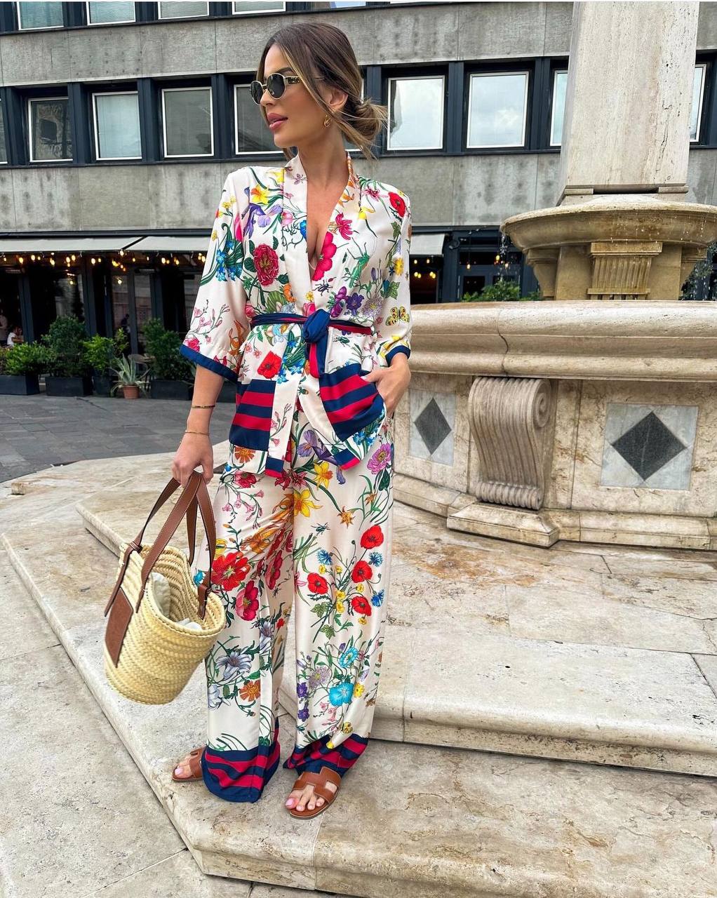 Satin fabric kimona suit including sash belt two-piece suit