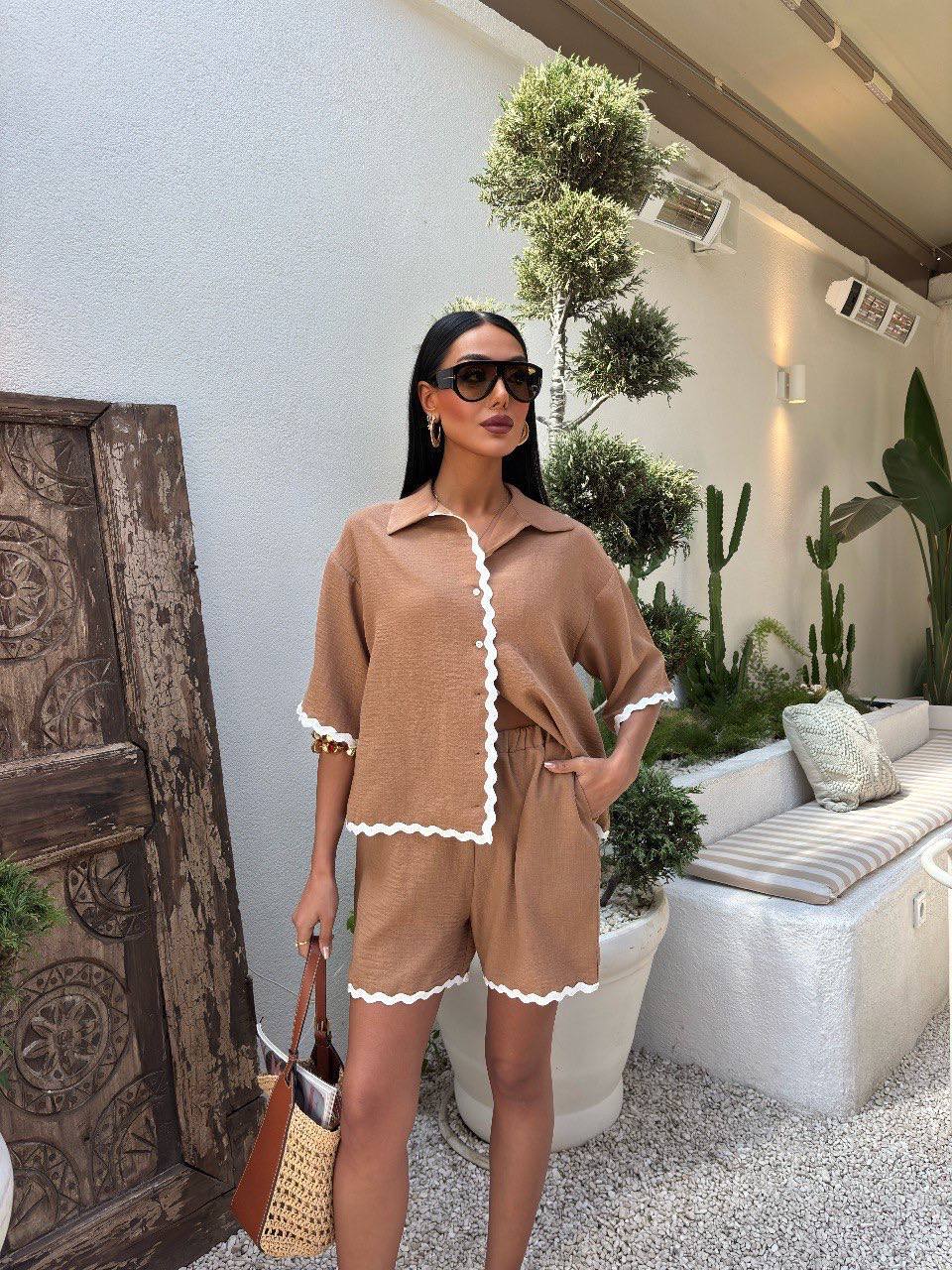 Piping Detailed Shorts Linen Suit