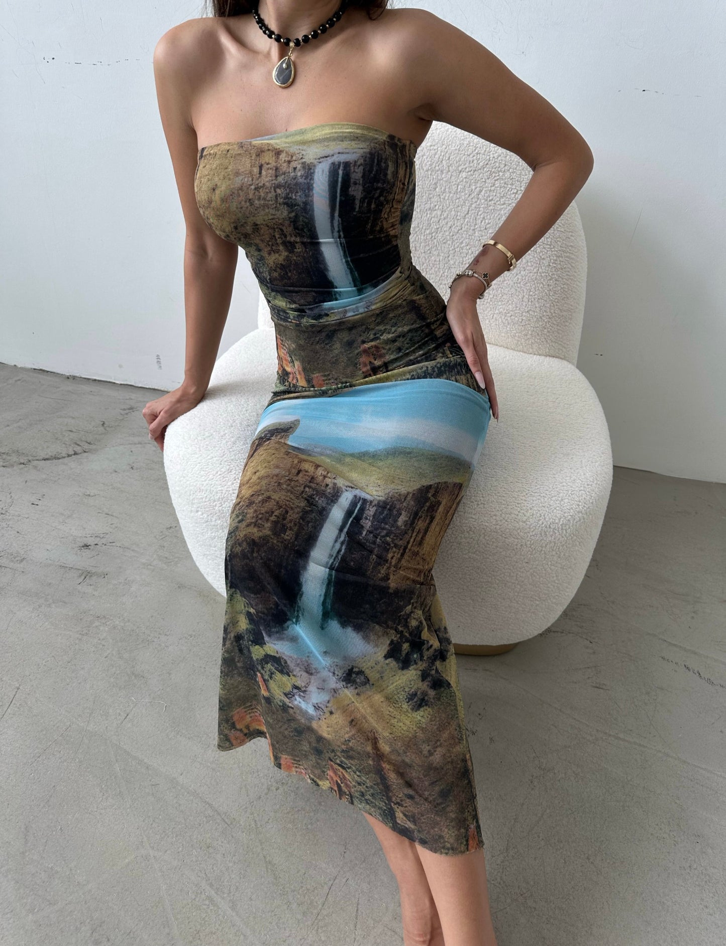 Strapless Tulle Dress with Mountain Pattern