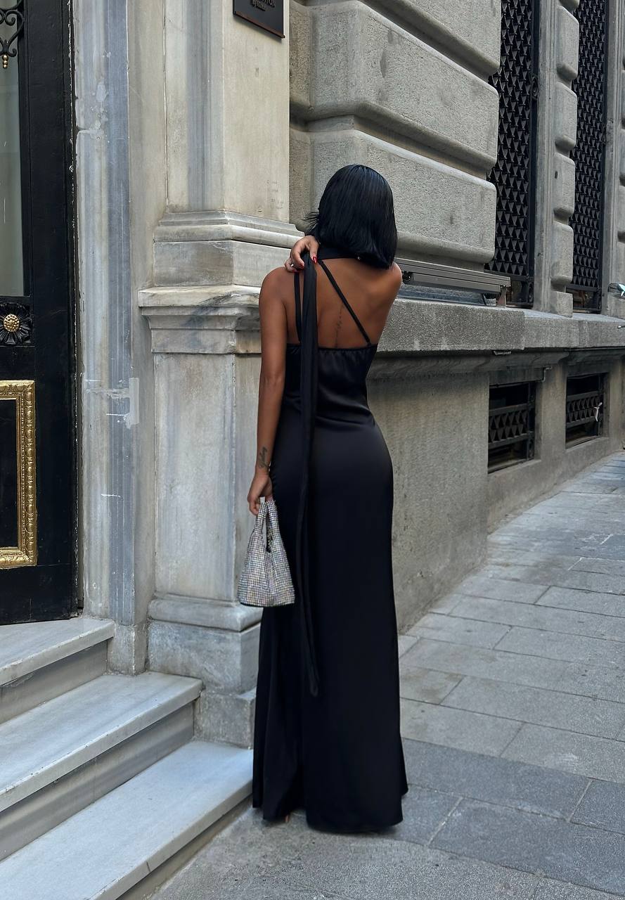 Black satin dress with shawl
