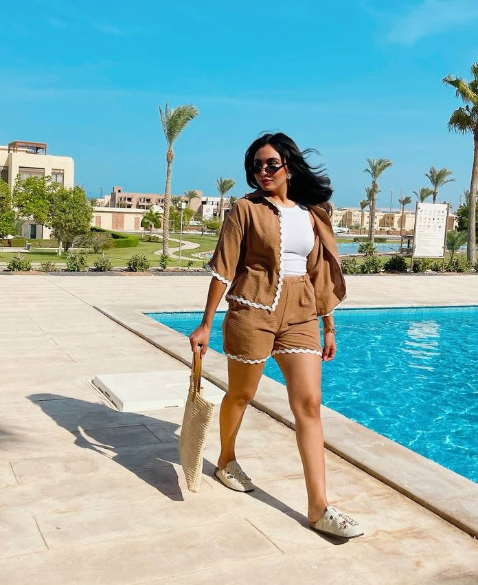 Piping Detailed Shorts Linen Suit