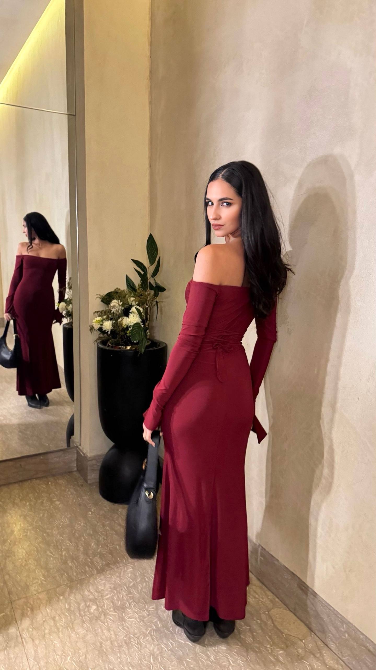 Burgundy long Sleeve Spanish Slit Dress