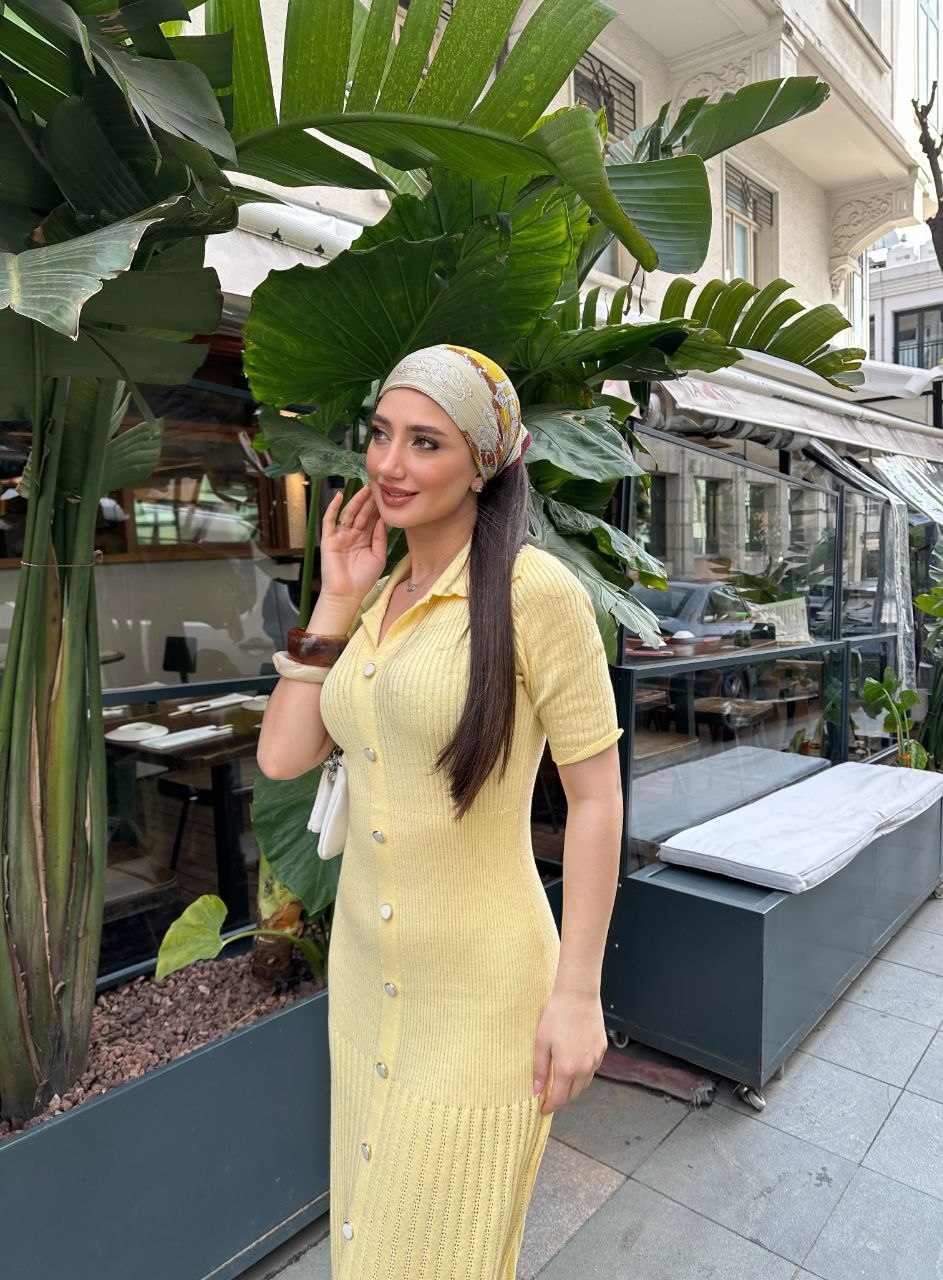 Yellow Cotton dress with pearl collar