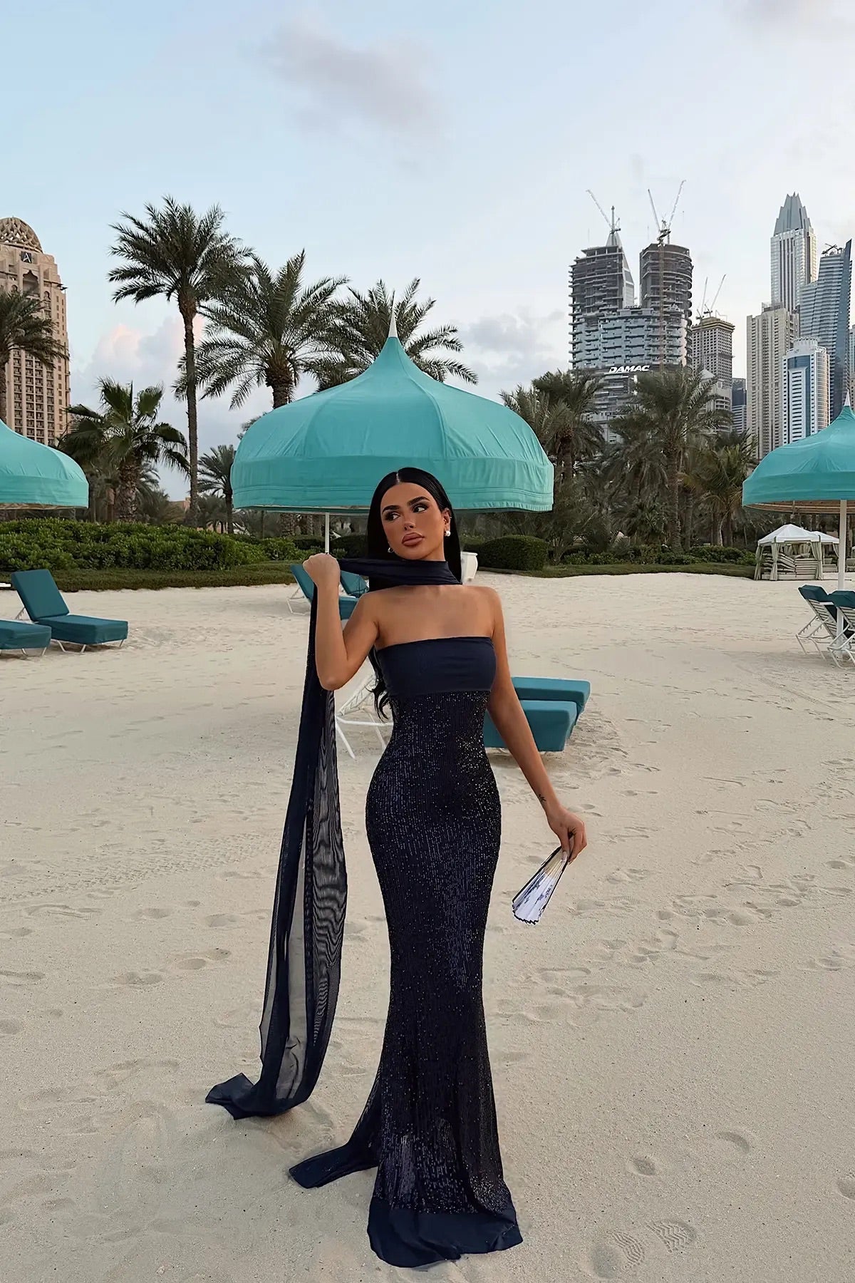 Navy Blue Sequin Strapless Dress