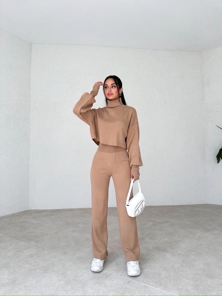 turtle neck suit Camel