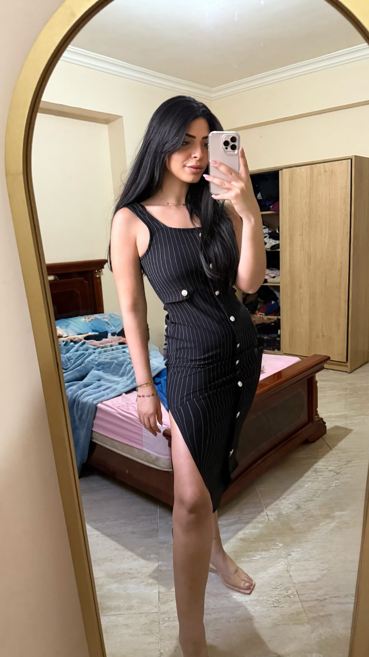 Black Buttoned Midi Striped Dress
