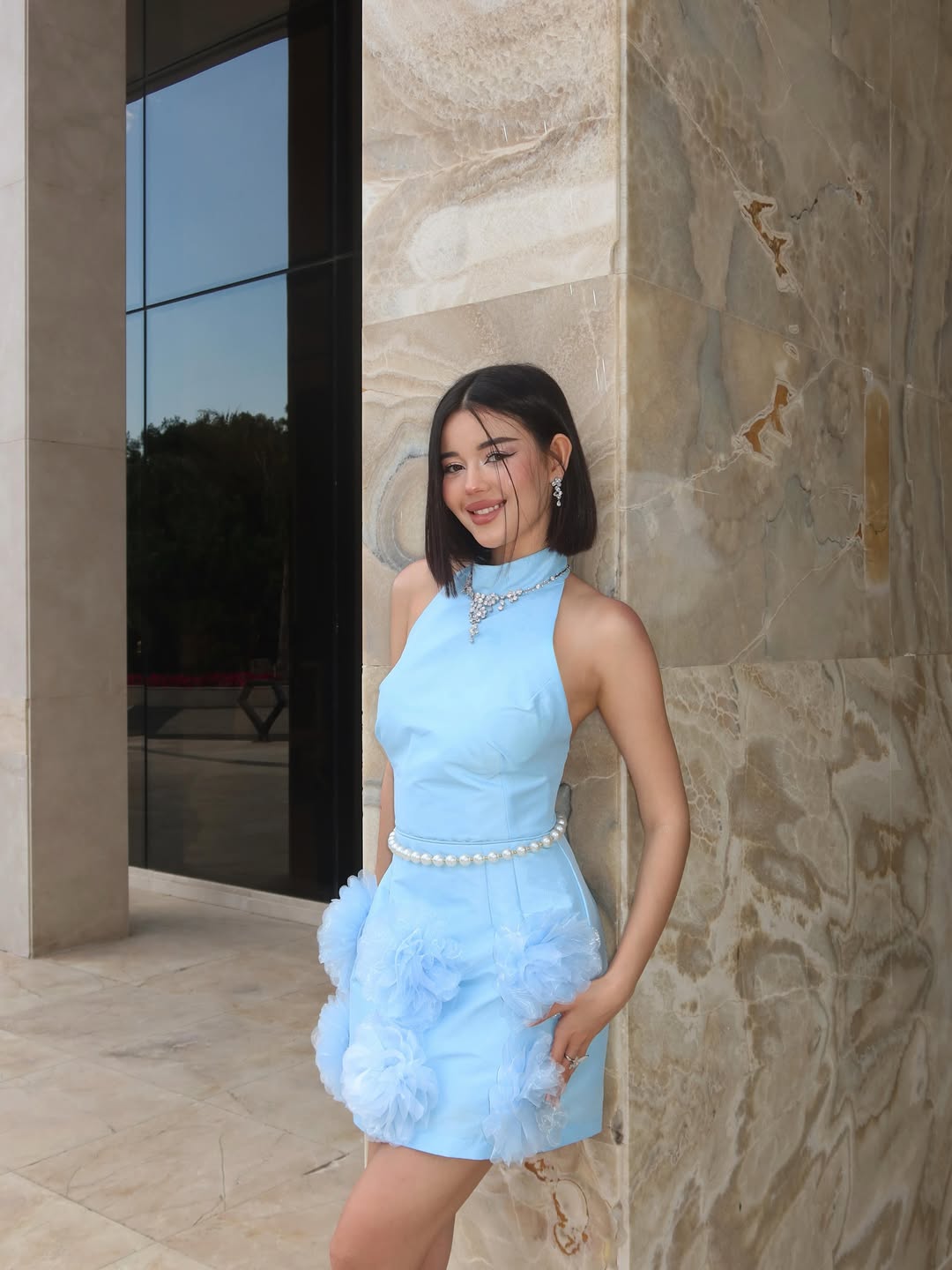 Blue Freyya Mini Dress with Rose Hem