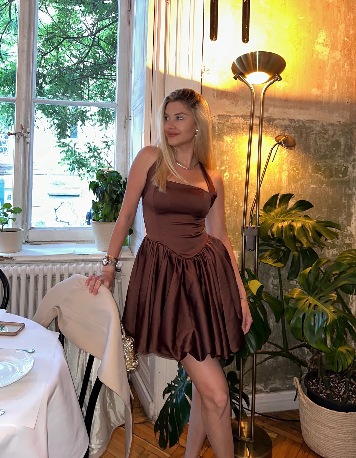 Brown Cecilia Strap Mini Balloon Dress with Bow Detail