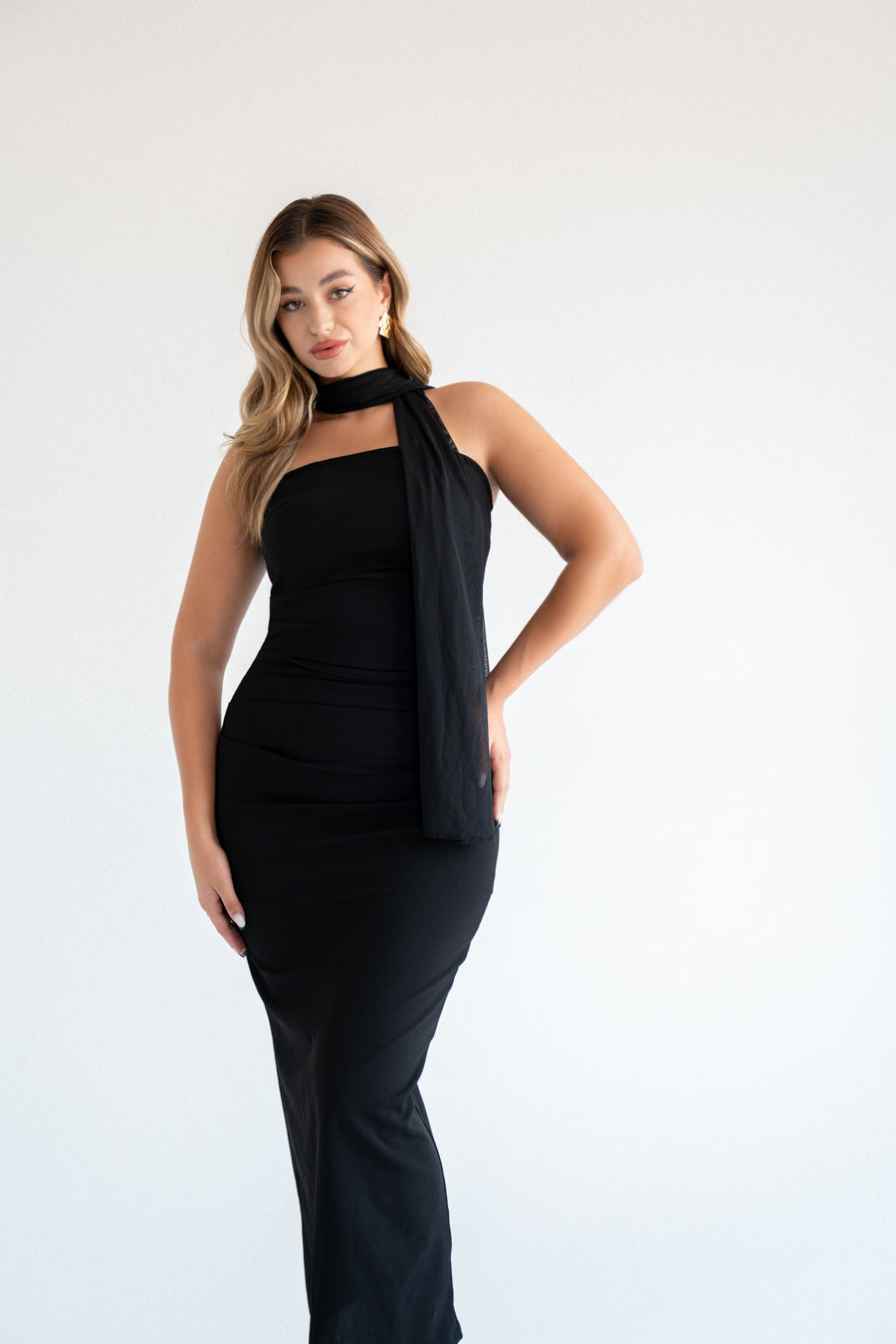 Black SCUBA CREP FABRIC DRESS WITH MESH GLOVE