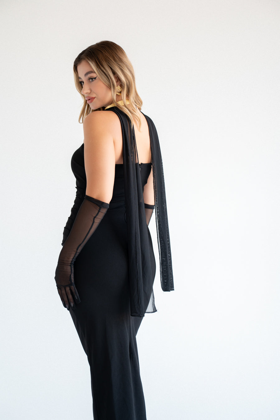Black SCUBA CREP FABRIC DRESS WITH MESH GLOVE