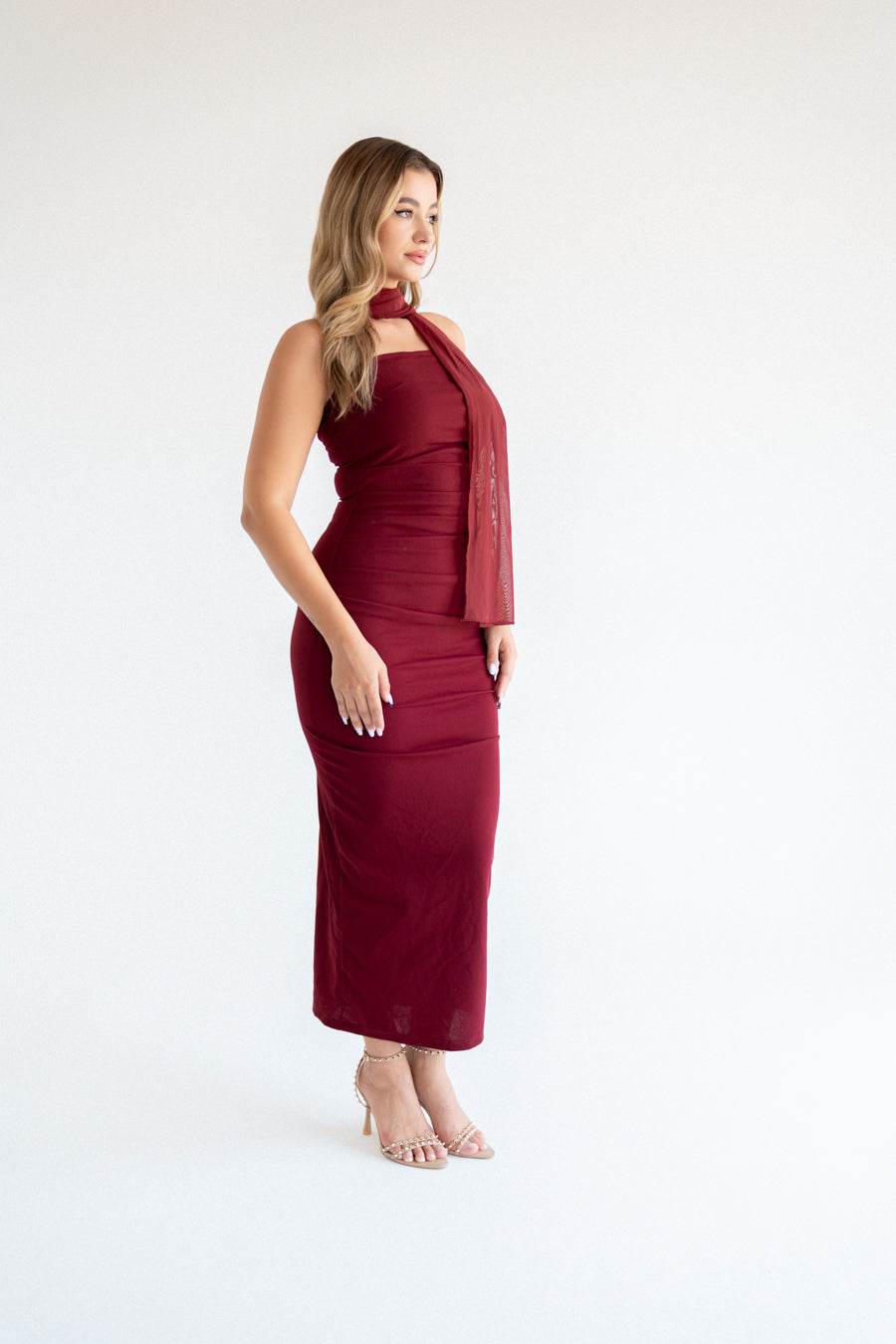Burgundy SCUBA CREP FABRIC DRESS WITH MESH GLOVE