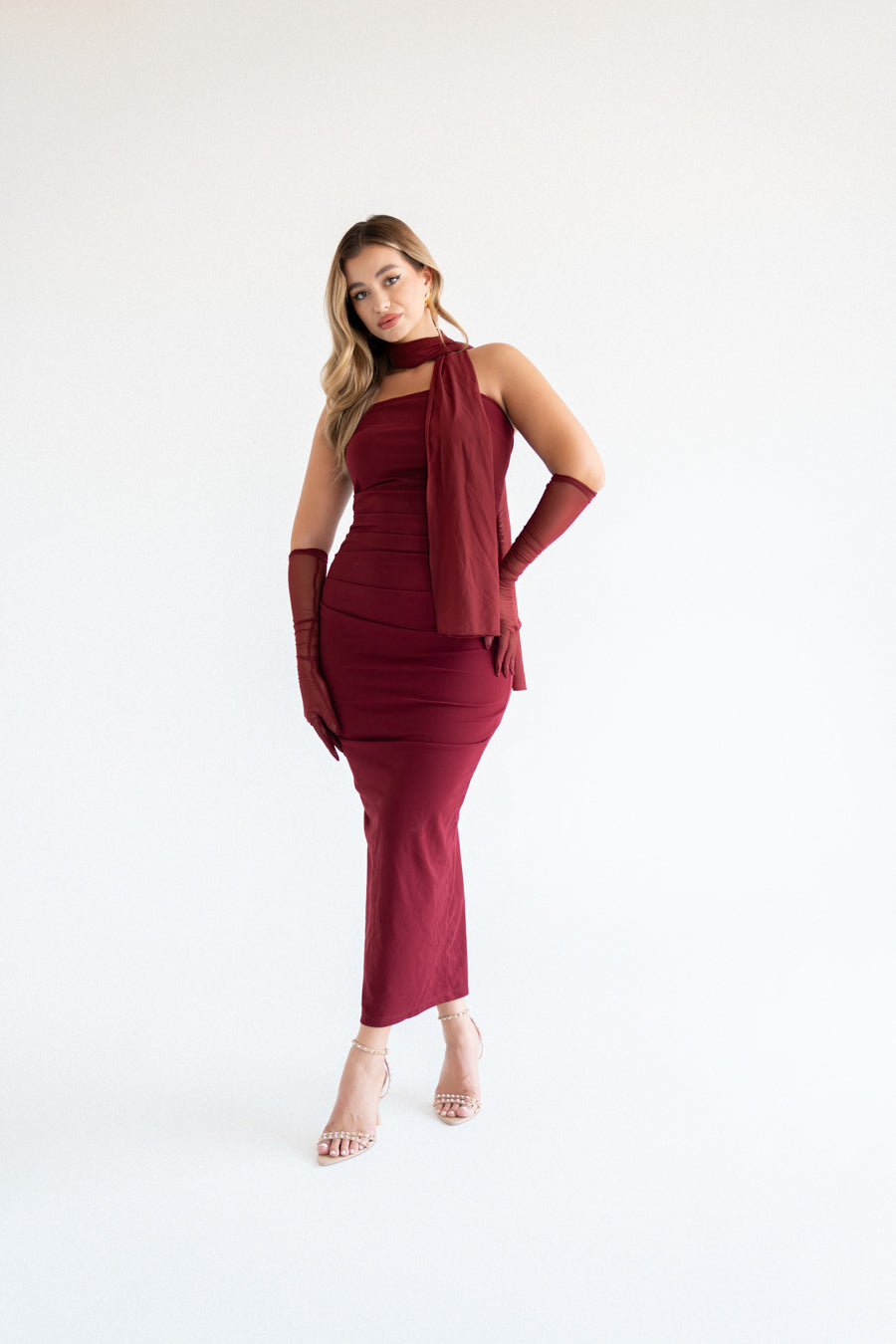 Burgundy SCUBA CREP FABRIC DRESS WITH MESH GLOVE
