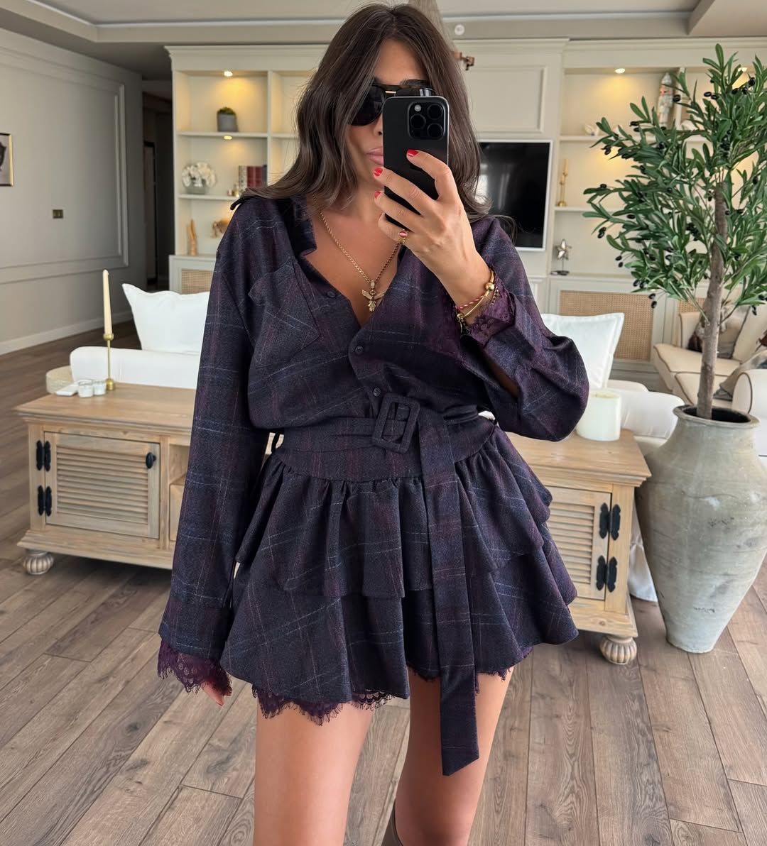 Burgundy Plaid Pattern Belted Lace Detail Dress