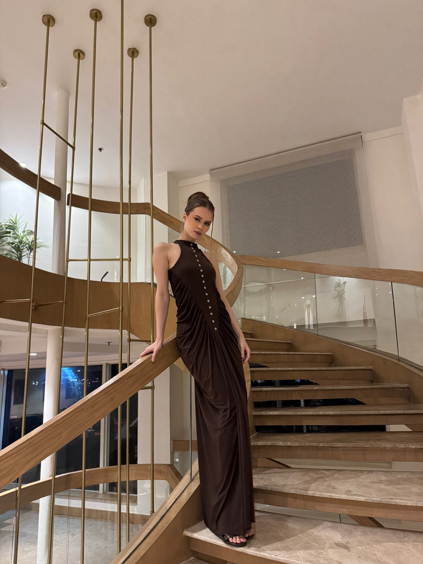 Brown Sandy Dress with Gathered Button Detail