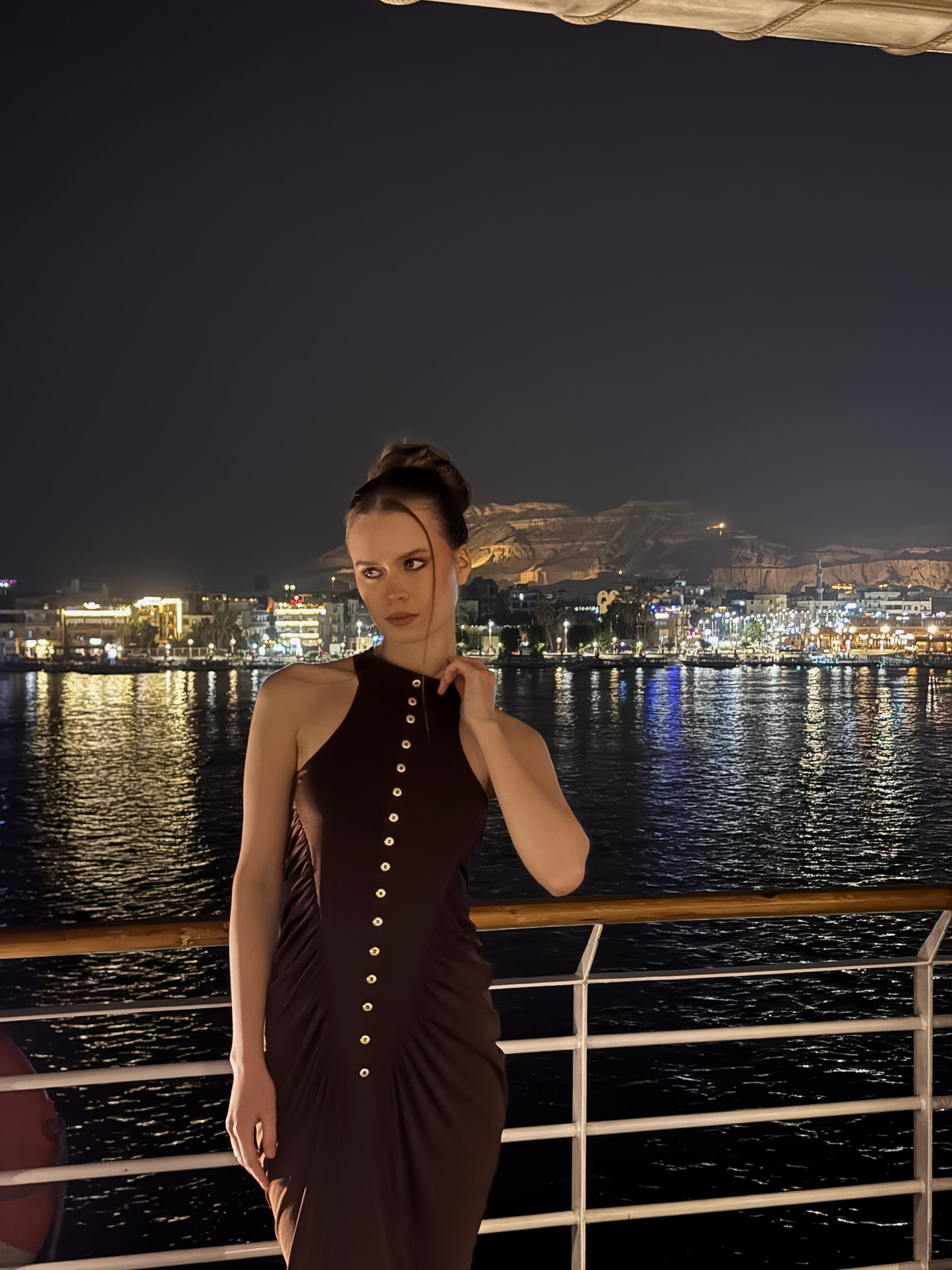 Brown Sandy Dress with Gathered Button Detail