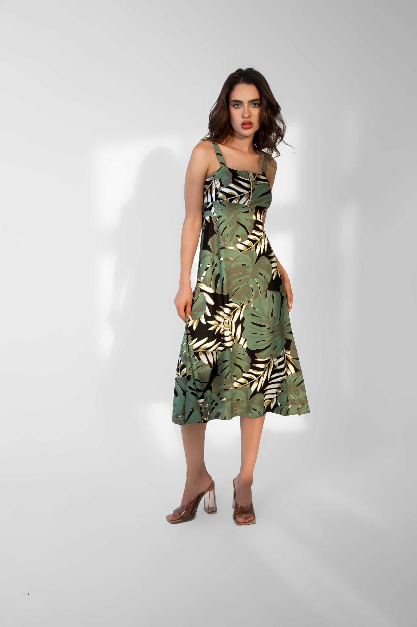 Green Zippered Large Palm Patterned Dress
