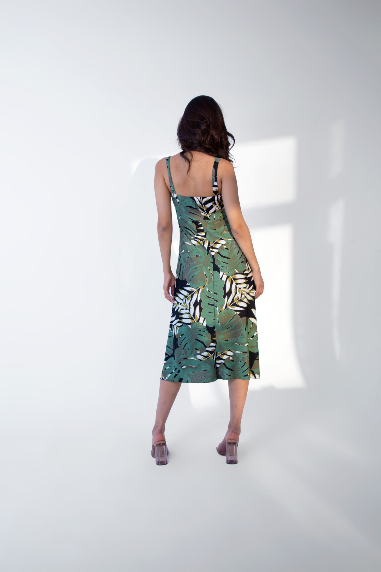 Green Zippered Large Palm Patterned Dress