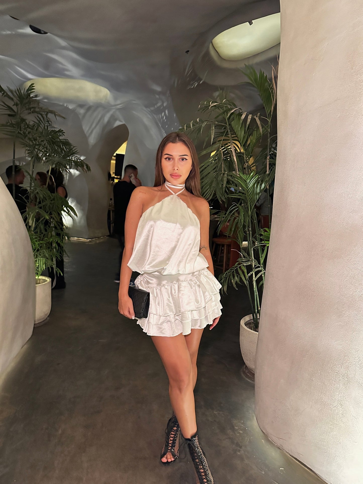 white Imported Lycra Double Satin Fabric Lined Backless Dress