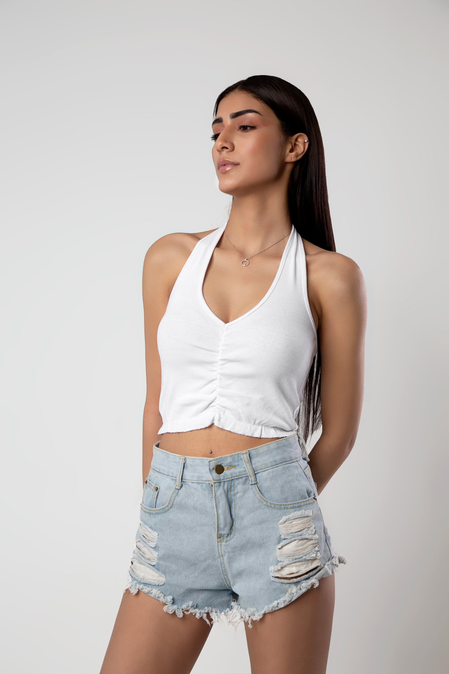 White Ruffle Detailed Knitted Ribbed Blouse