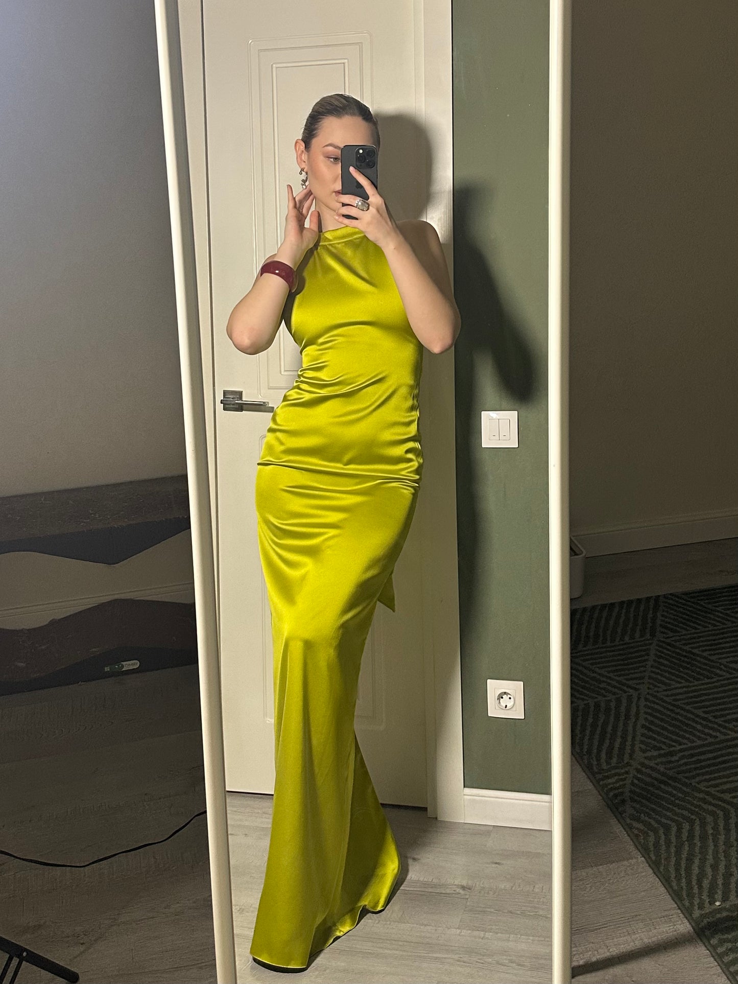 Green Basic Long Dress satin