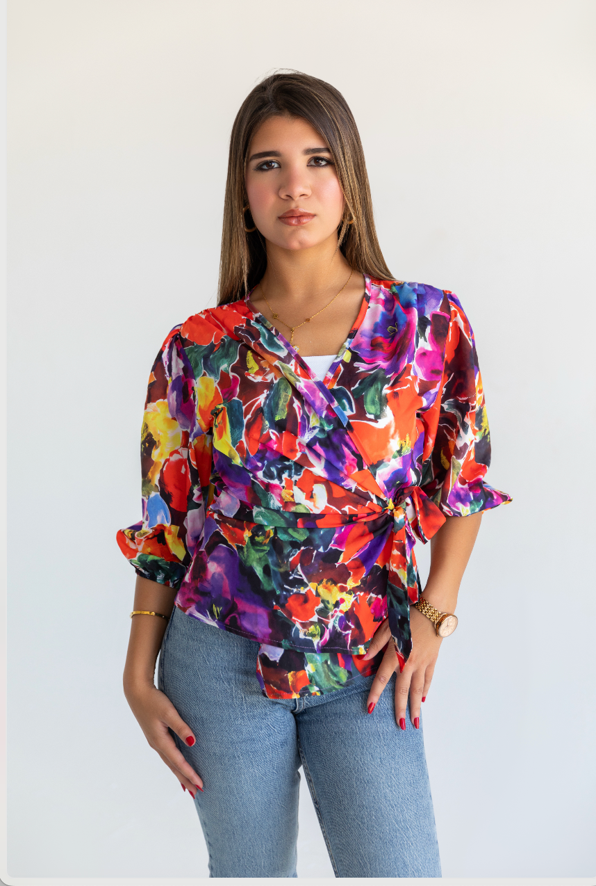 Double Breasted Half Sleeve Patterned Blouse