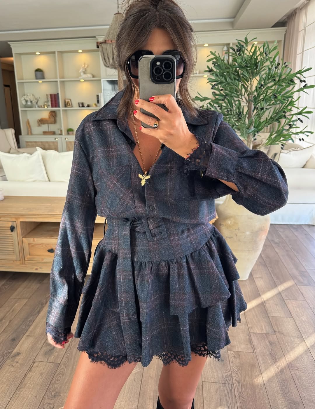 Navy Blue Plaid Pattern Belted Lace Detail Dress