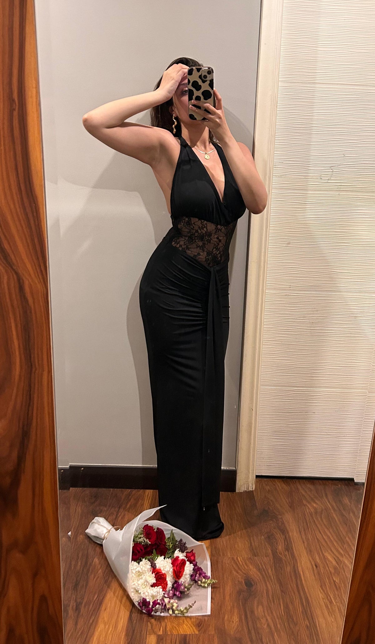 Black Lace Detail Long Dress