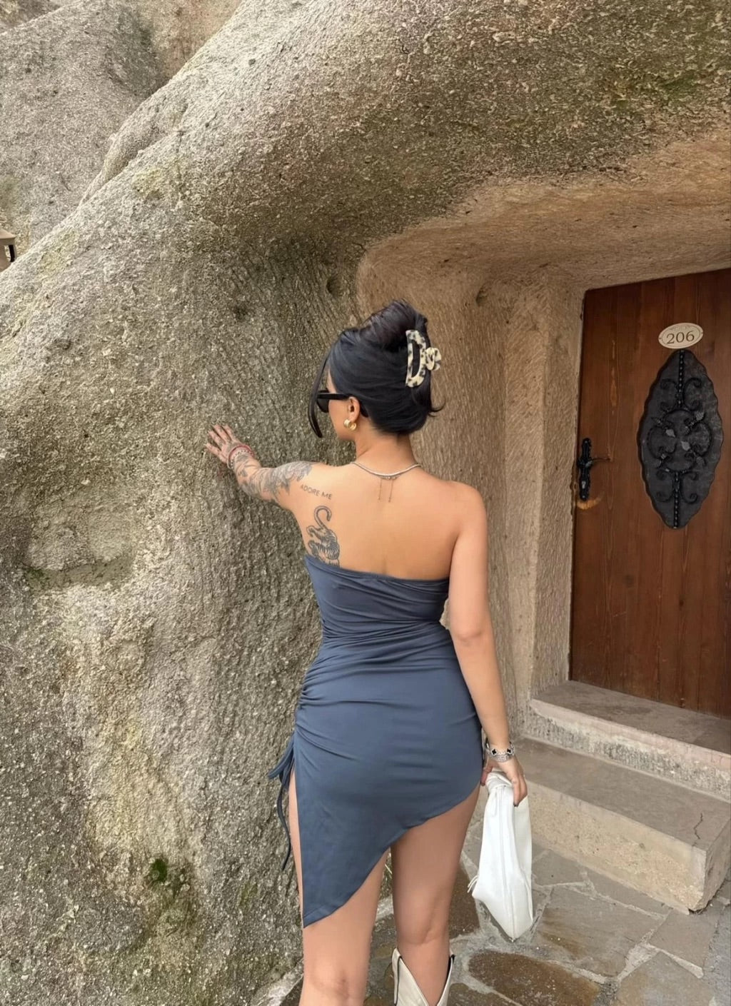 Gray Side Gathered Strapless Diving Dress