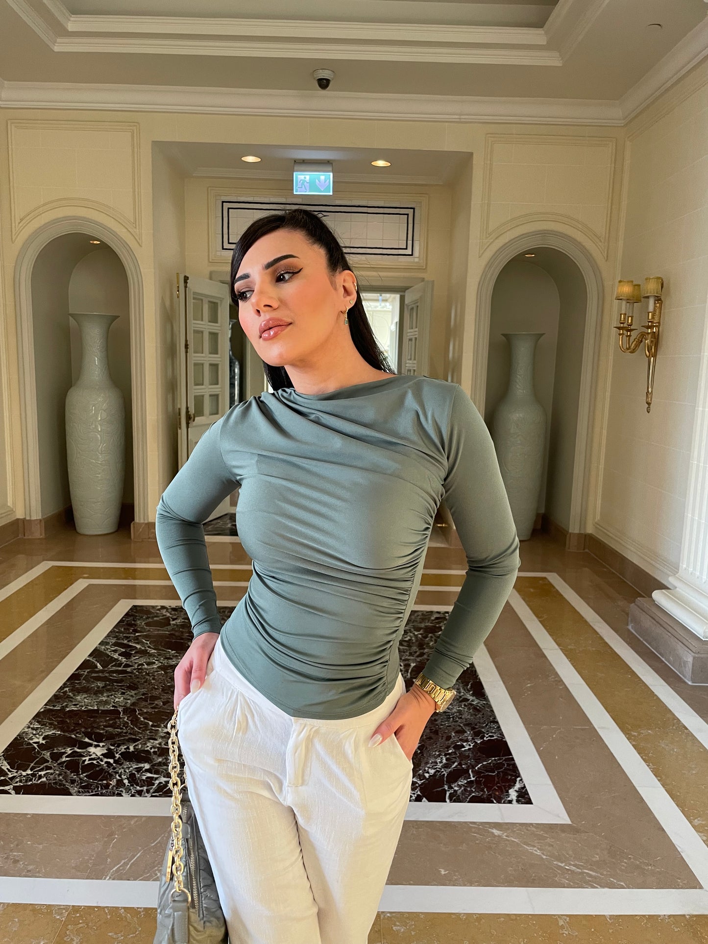 Olive Drape Long Sleeve Blouse