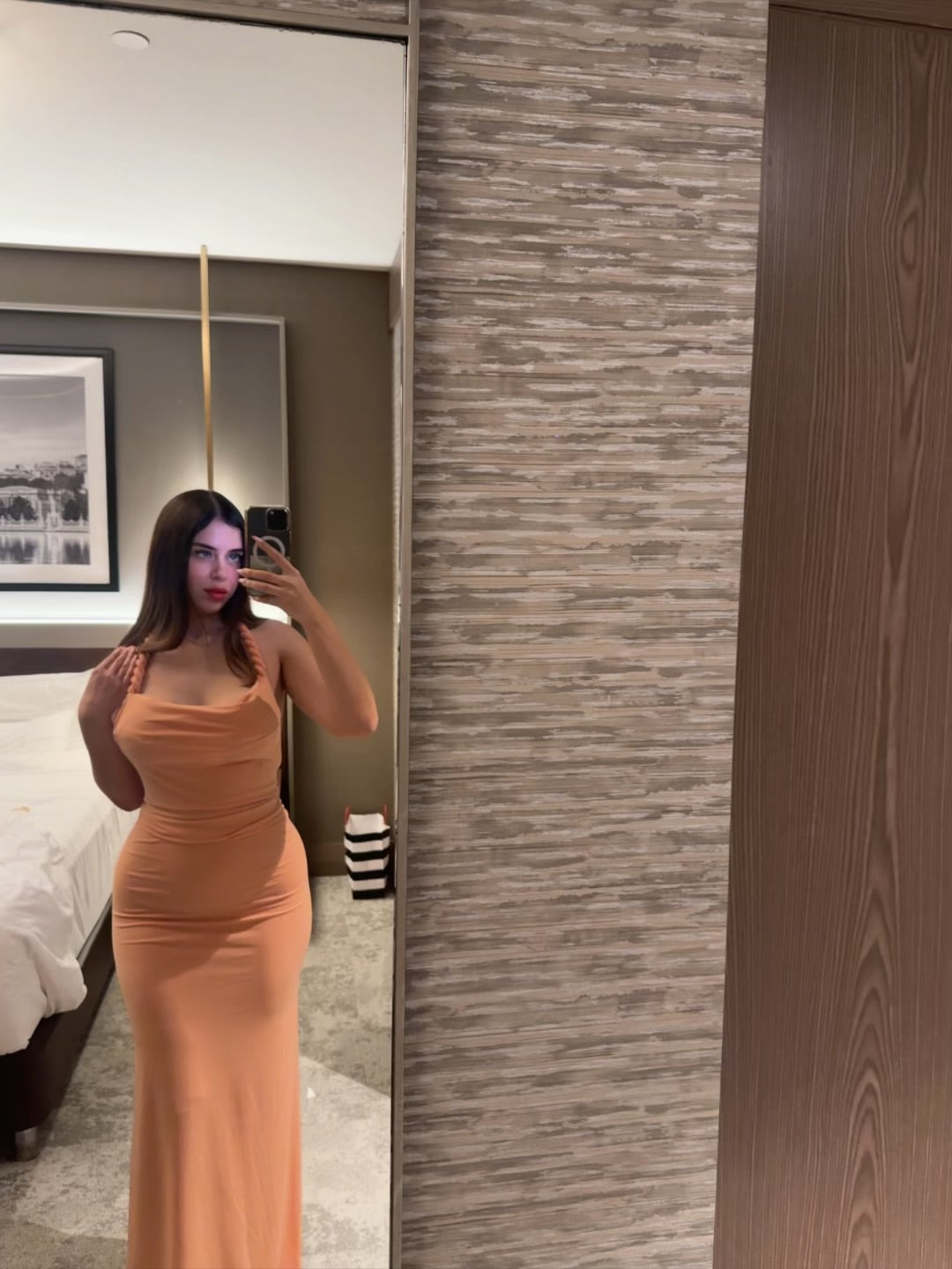 orange Sandy Fabric Twist Strap Detail Backless Long Dress