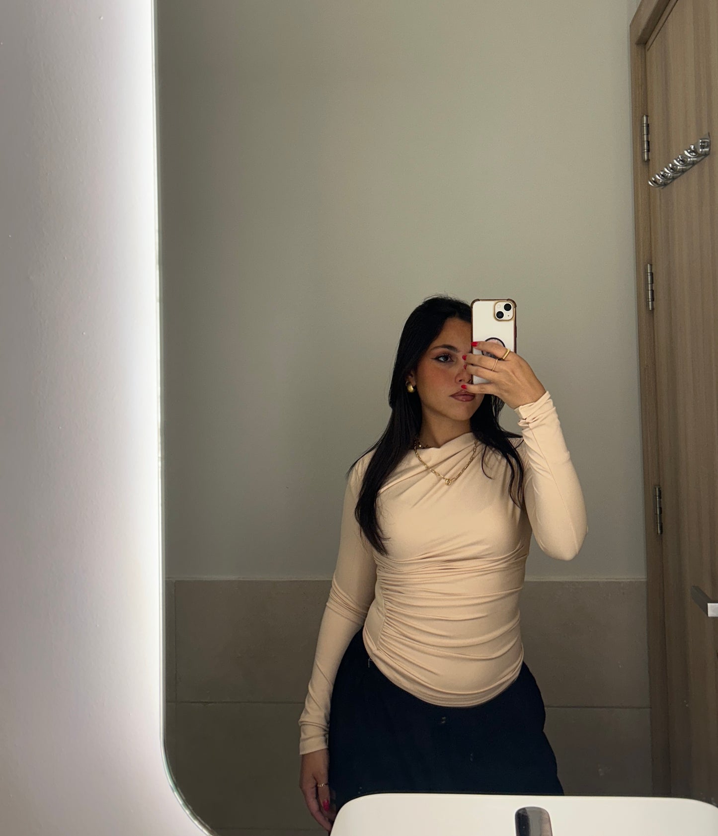 Beige Drape Long Sleeve Blouse