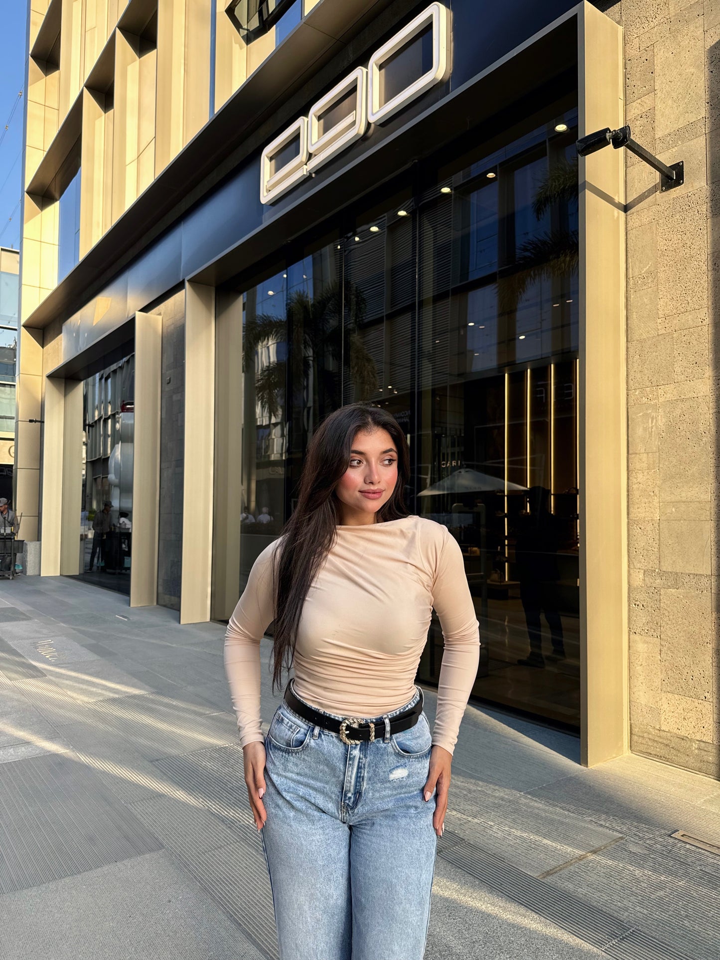 Beige Drape Long Sleeve Blouse