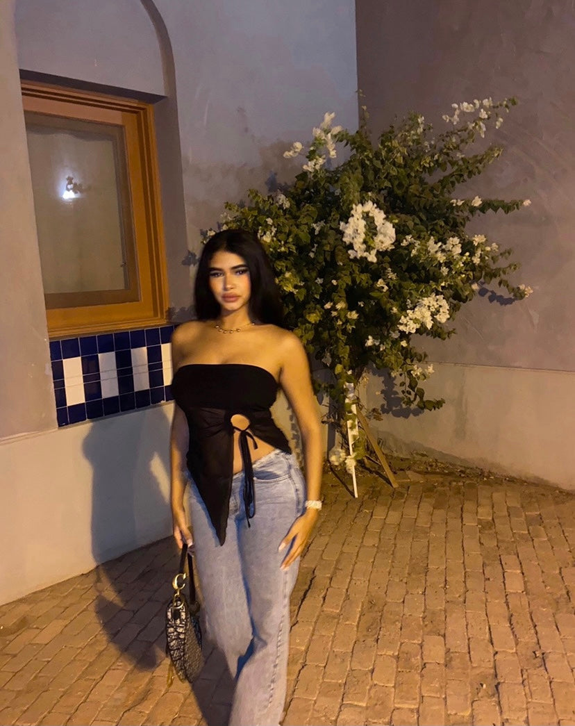 Black Crop Strapless Tulle Blouse