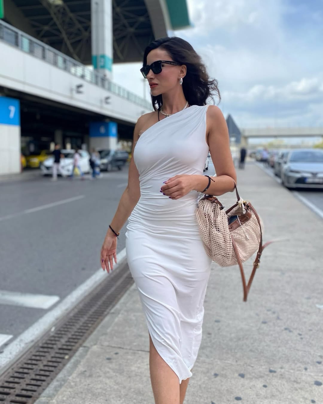 White Single Sleeve Gathered Long Dress
