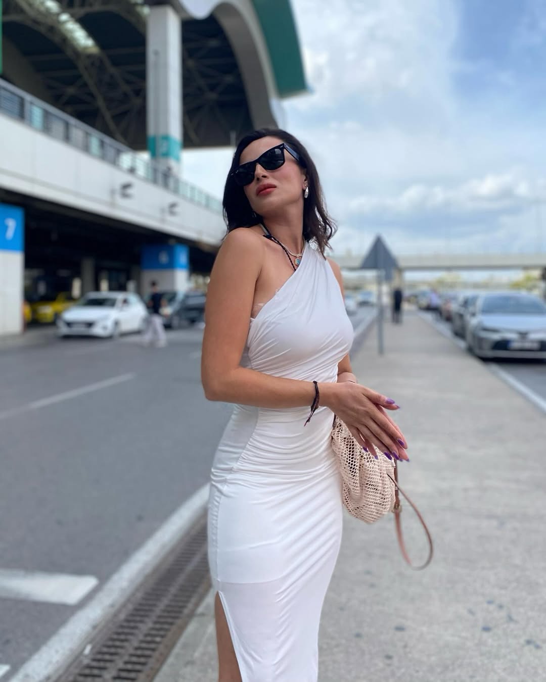 White Single Sleeve Gathered Long Dress